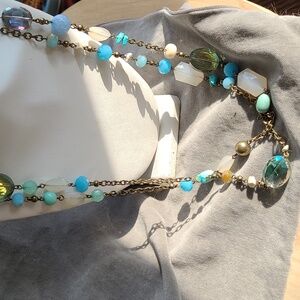 Long Vintage Inspired Blue, Mint and Cream Glass and Acrylic Necklace
